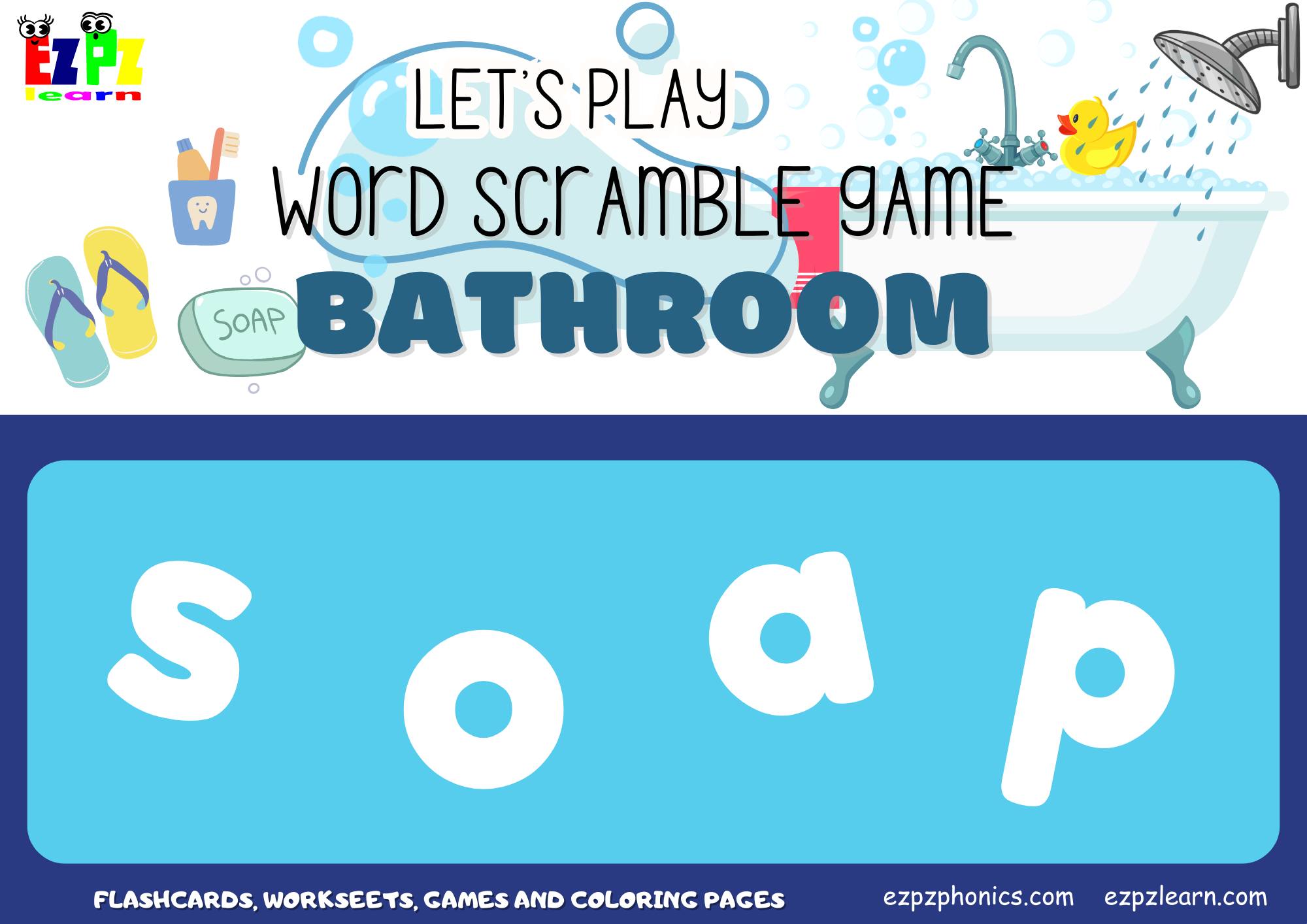 Bathroom Vocabulary Word Scramble Game. For kids and English language learners.